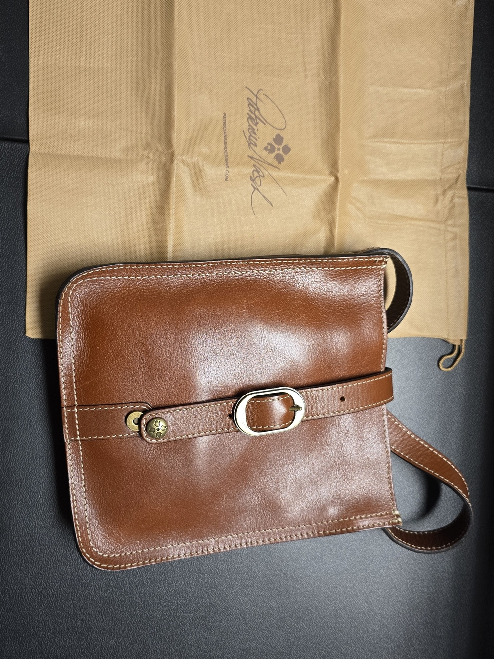 Patricia Nash Cognac Leather Messenger with Buckle Strap